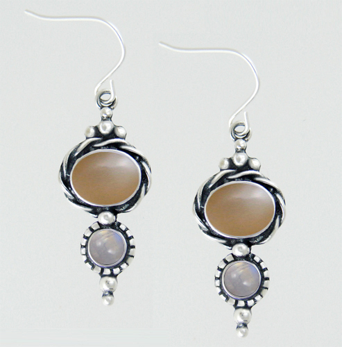 Sterling Silver Drop Dangle Earrings With Peach And Rainbow Moonstones
